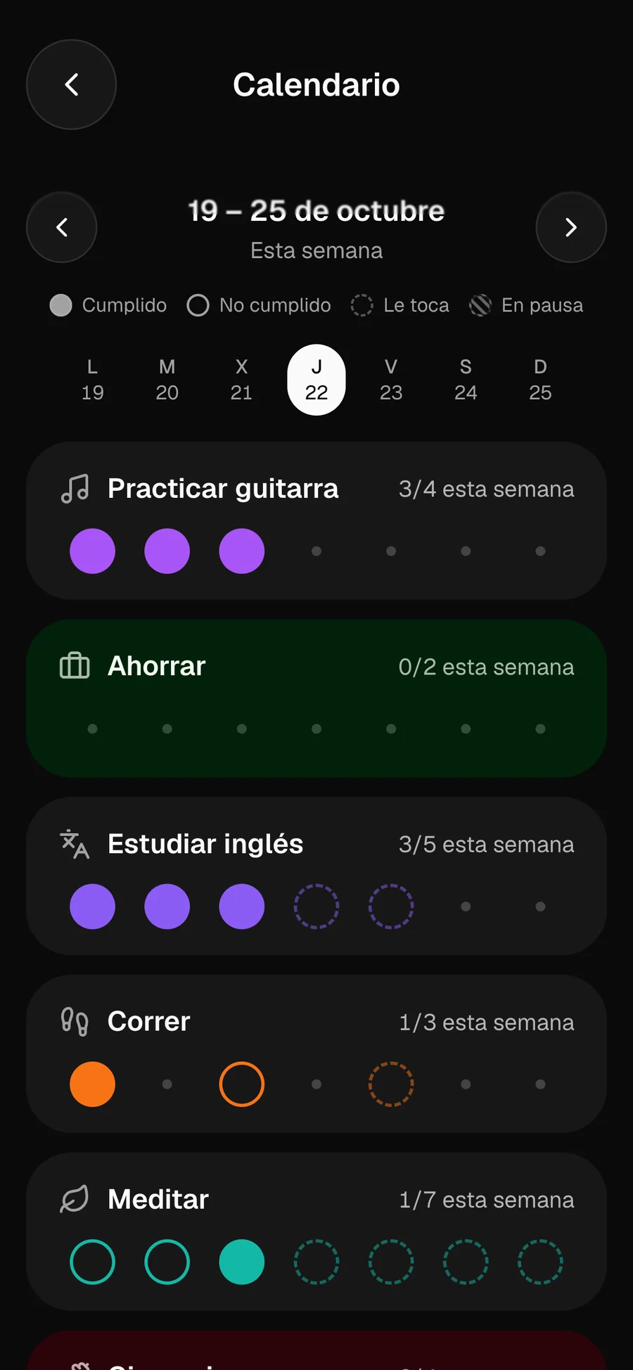 Calendario semanal con el estado de cada hábito