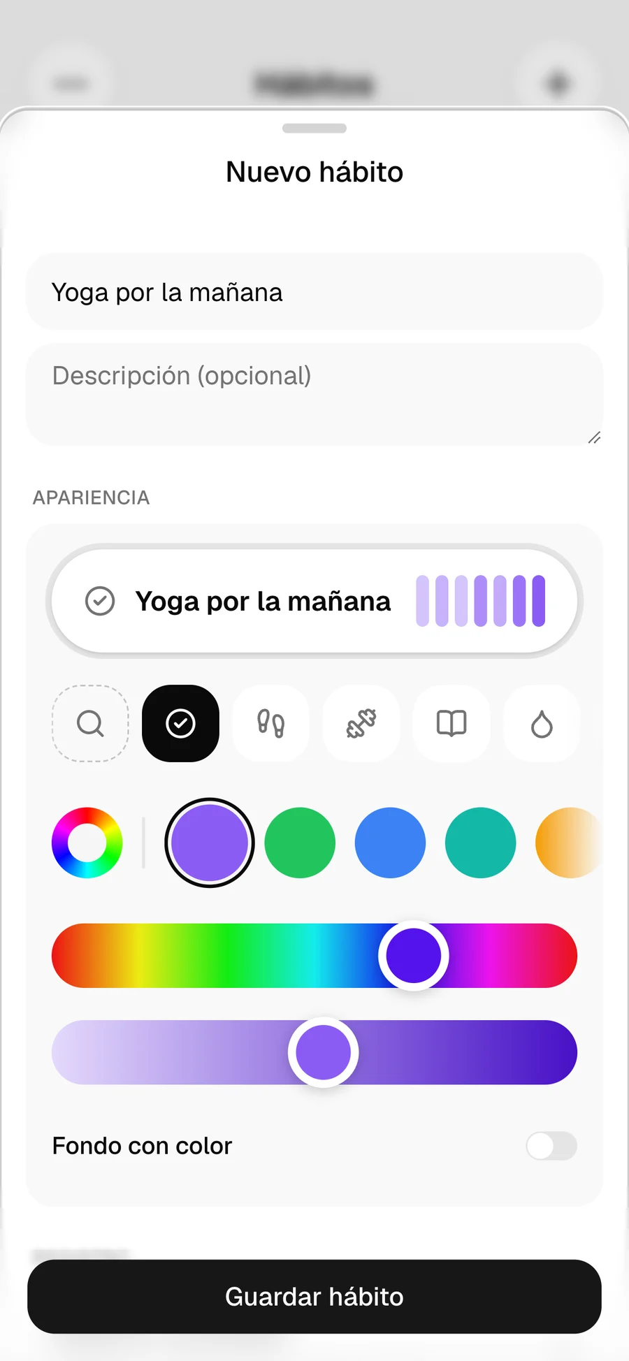 Formulario para crear un hábito eligiendo ícono y color
